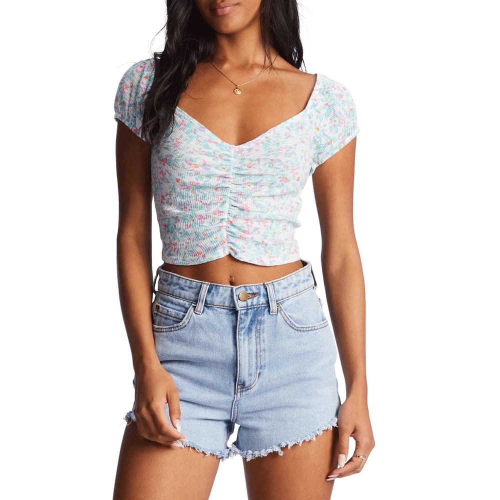Billabong Women's Pretty Sweet Floral Ruched Textured Knit Crop Top Tee T-Shirt